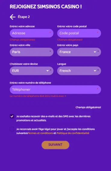 Étape 2 de l'inscription à Simsinos
